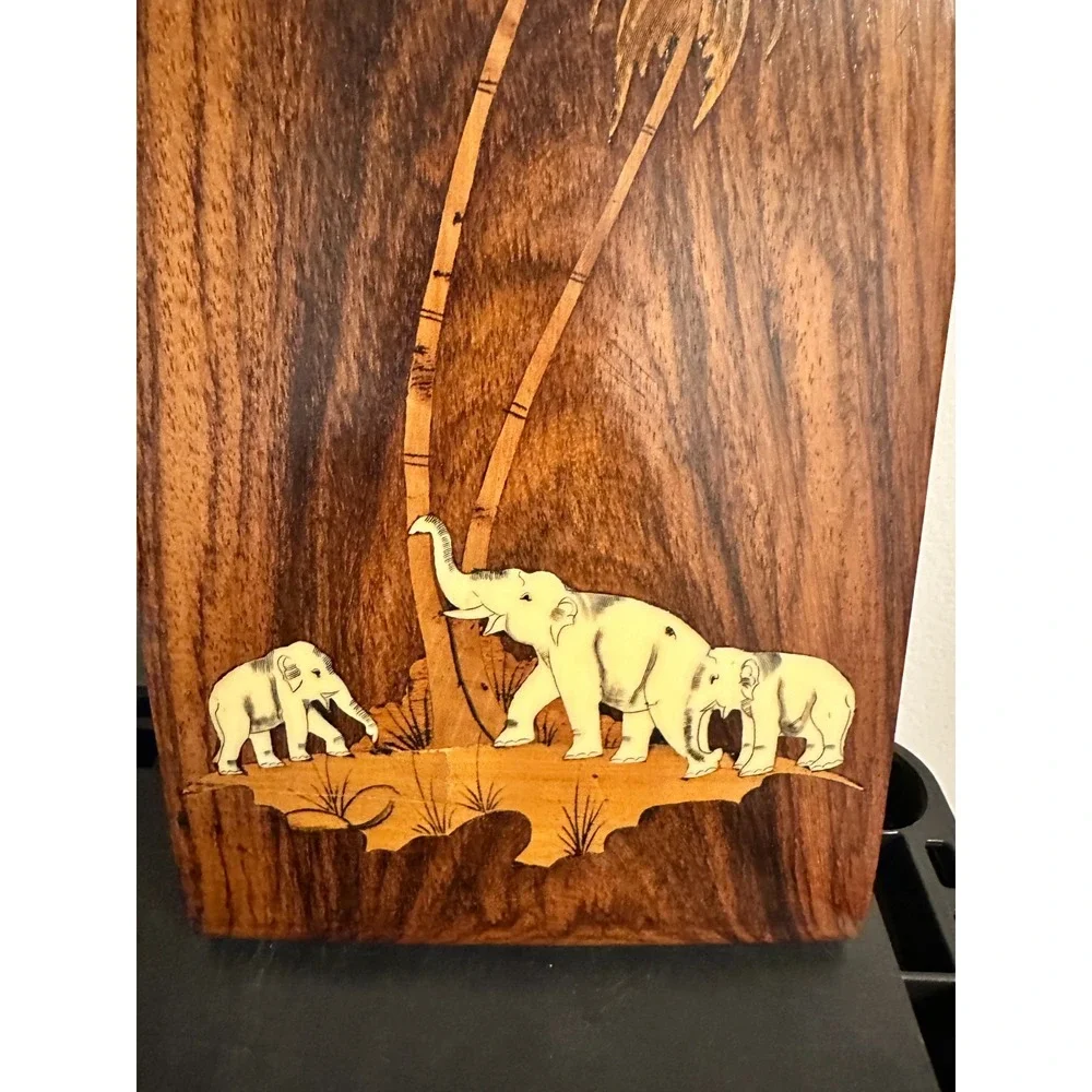 Vintage Wood Marquetry Wall Art Plaque‎ Elephant Palm Tree Inlay Brown Safari